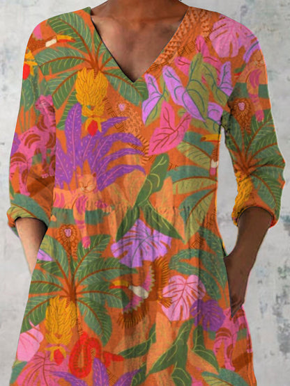 Vibrant Tropical Summer Pattern Printed Women's Casual Linen V-Neck Shirt