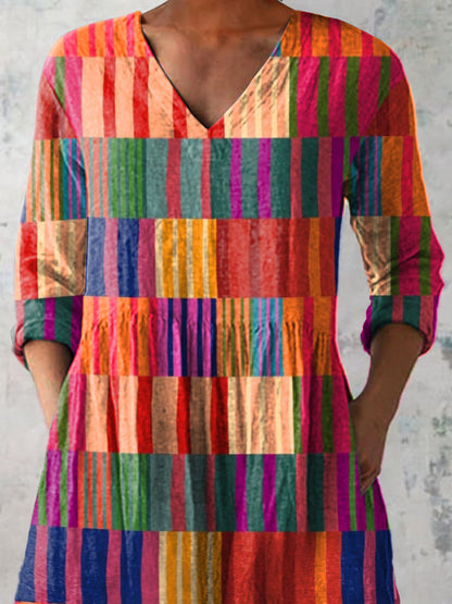 Modern Colorful Geometric Pattern Printed Women's Casual Linen V-Neck Shirt