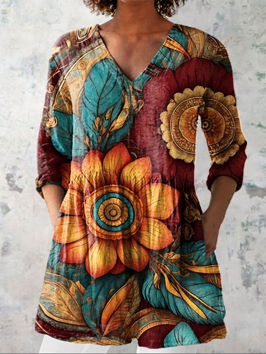 Women's Vintage Flowers Art Print Casual Linen V-neck Shirt