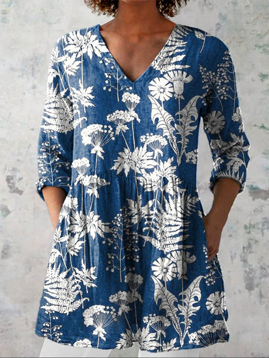 Women's Vintage Lovely Floral Art Print Casual Linen V-neck Shirt