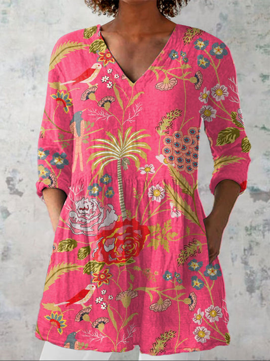 Women's  Vintage Flowers Art Print Casual Linen V-neck Shirt