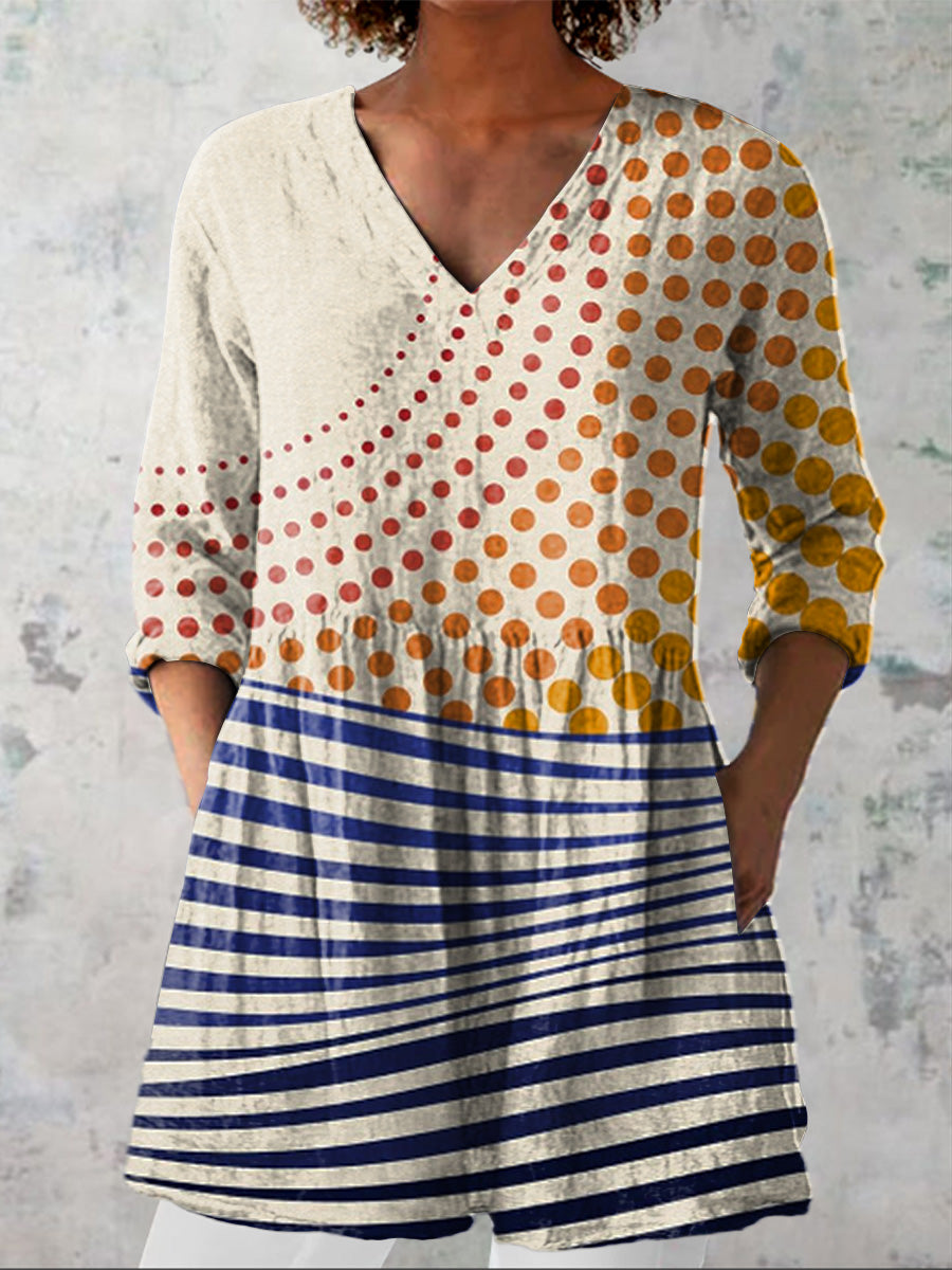 Geometric Sun And Wave Art Printed Women's Casual Linen V-Neck Shirt