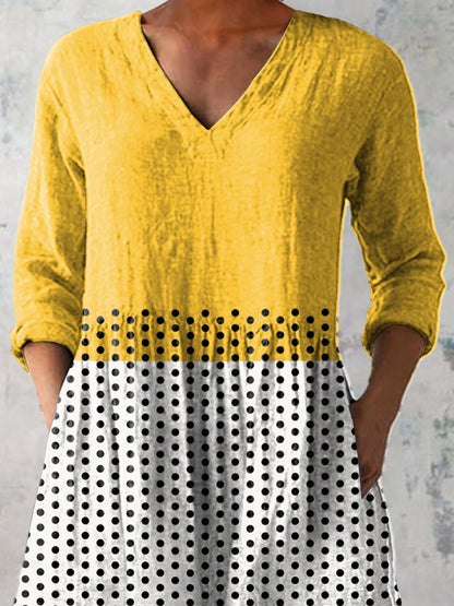 Geometric Color Block And Polka Dot Pattern Printed Women's Casual Linen V-Neck Shirt