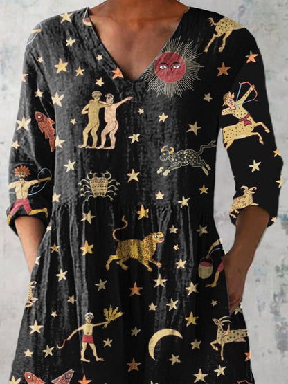 Star And Horoscope Pattern Printed Women's Casual Linen V-Neck Shirt
