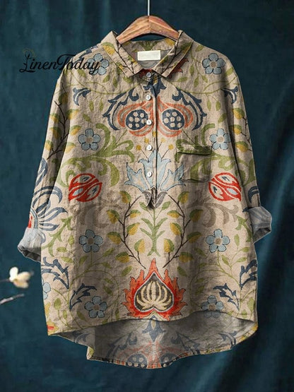 Women's Vintage Lovely Floral Pattern Art Print Casual Cotton Linen V-neck Shirt