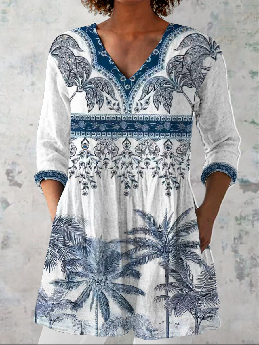 Summer Ethnic Pattern Printed Women's Casual Linen V-Neck Shirt