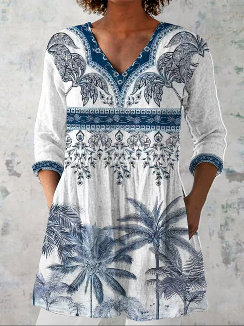 Summer Ethnic Pattern Printed Women's Casual Linen V-Neck Shirt