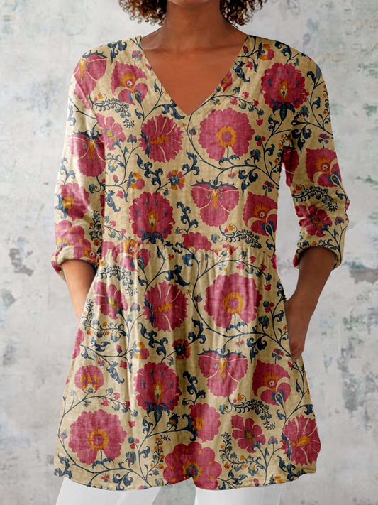Women's Floral Pattern Cotton And Linen V-neck Top