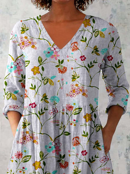 Women's Elegant Floral Pattern Cotton and Linen Top