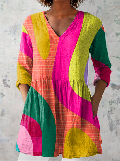 Colorful Abstract Art Printed Women's Casual Linen V-Neck Shirt