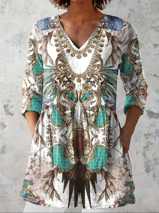 Summer Boho Pattern Printed Women's Casual Linen V-Neck Shirt