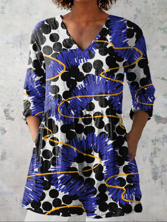 Abstract Geometric Pattern Printed Women's Casual Linen V-Neck Shirt