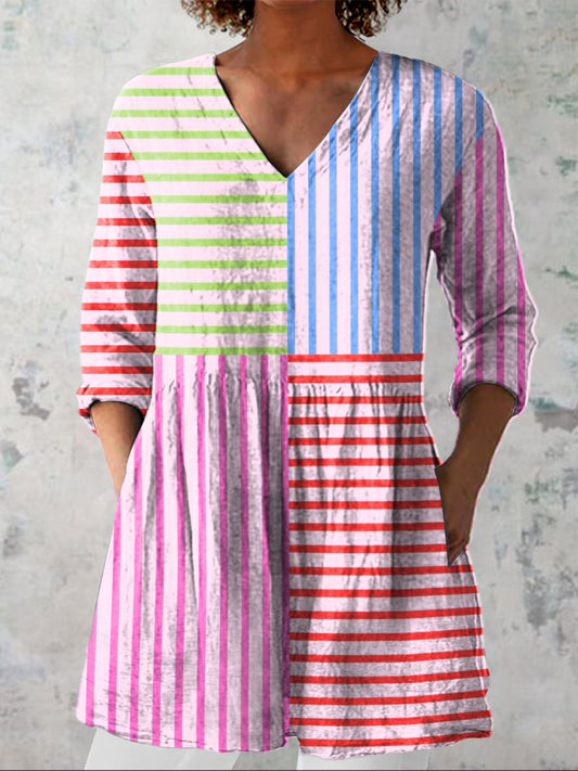 Multicolor Geometric Strip Pattern Printed Women's Casual Linen V-Neck Shirt