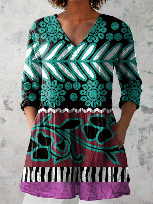 Women's Vintage Lovely Floral Art Print Casual Linen V-neck Shirt