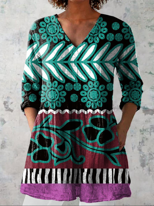 Women's Vintage Lovely Floral Art Print Casual Linen V-neck Shirt