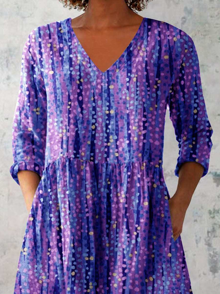 Women's Art Color Dot Print V-Neck Cotton and Linen Top