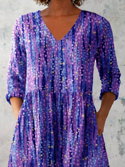 Women's Art Color Dot Print V-Neck Cotton and Linen Top