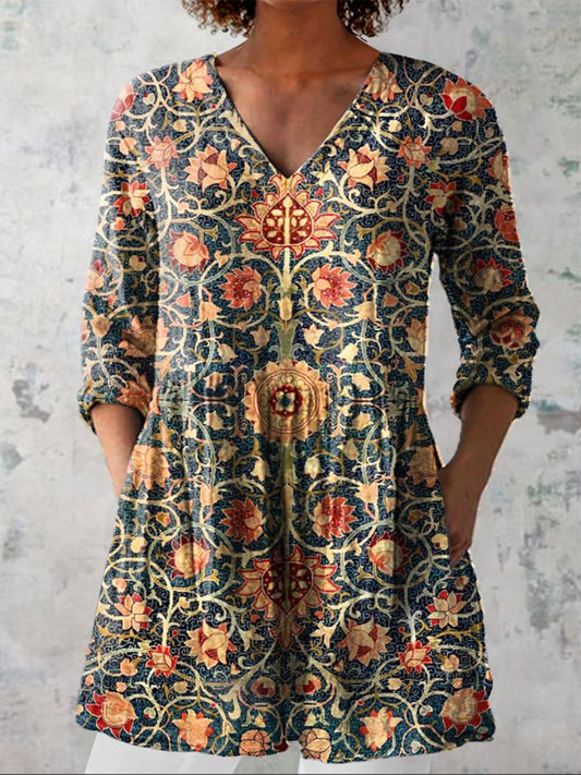 Women's Vintage Floral Art Print Casual Cotton Linen V-neck Shirt