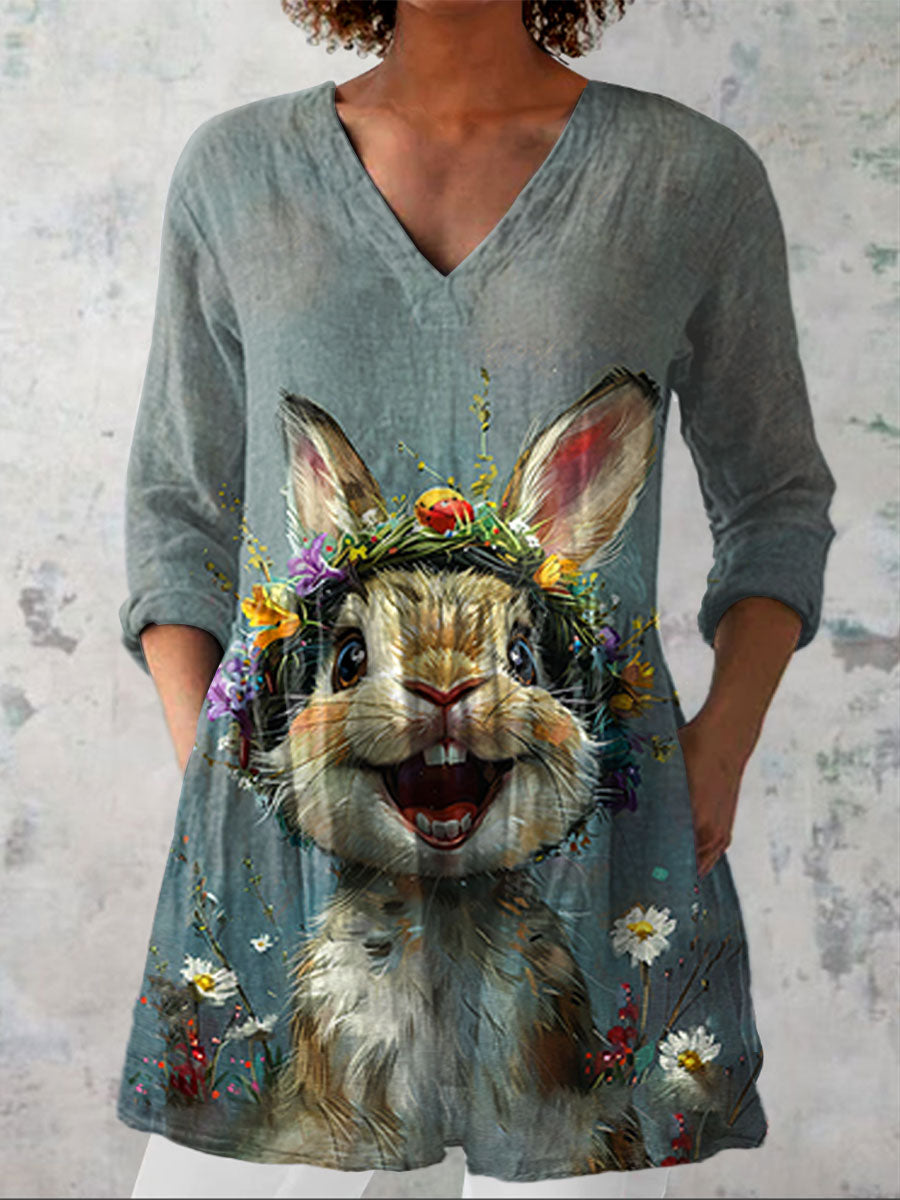Women's  Vintage Easter  Bunny Art Print Casual Linen V-neck Shirt