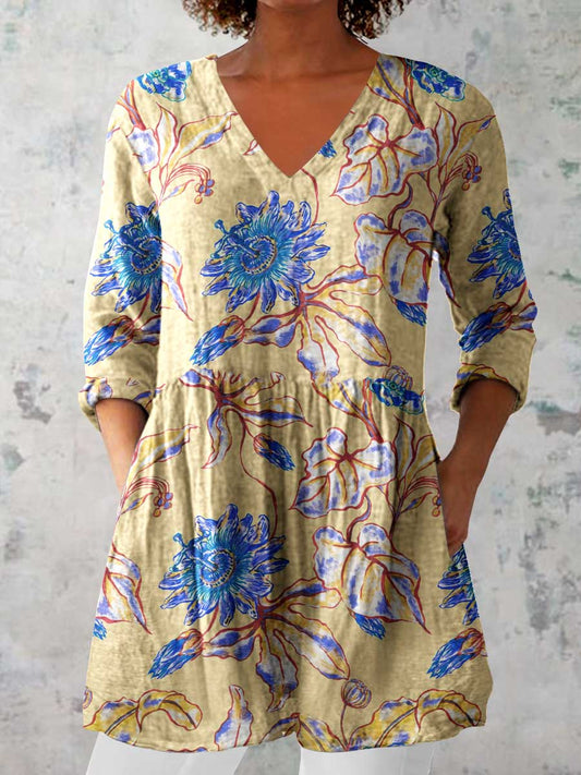 Women's Elegant Floral Print V-Neck Cotton and Linen Top