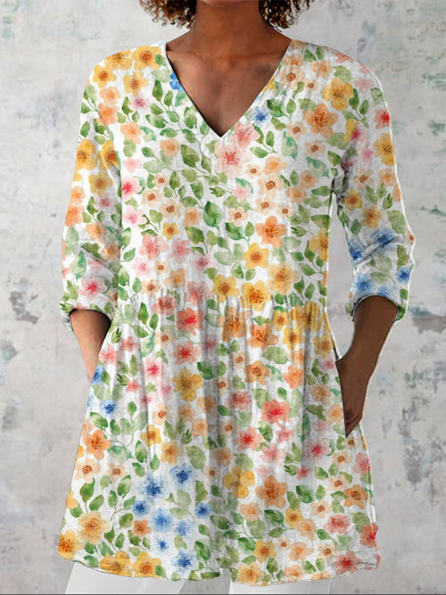 Watercolor Spring Meadows Floral Pattern Printed Women's Casual Linen V-Neck Shirt
