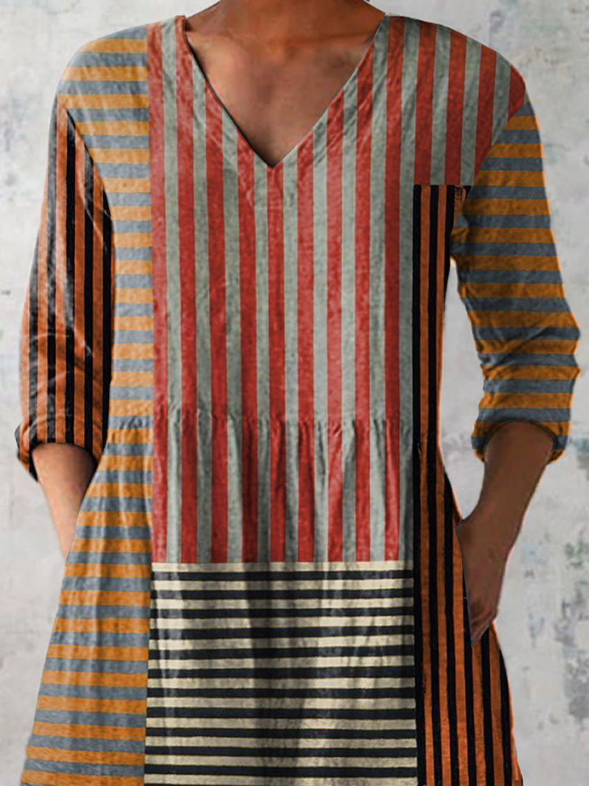 Strip Patchwork Pattern Printed Women's Casual Linen V-Neck Shirt