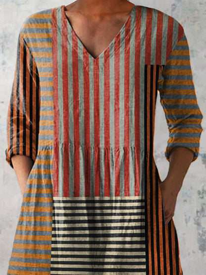 Strip Patchwork Pattern Printed Women's Casual Linen V-Neck Shirt