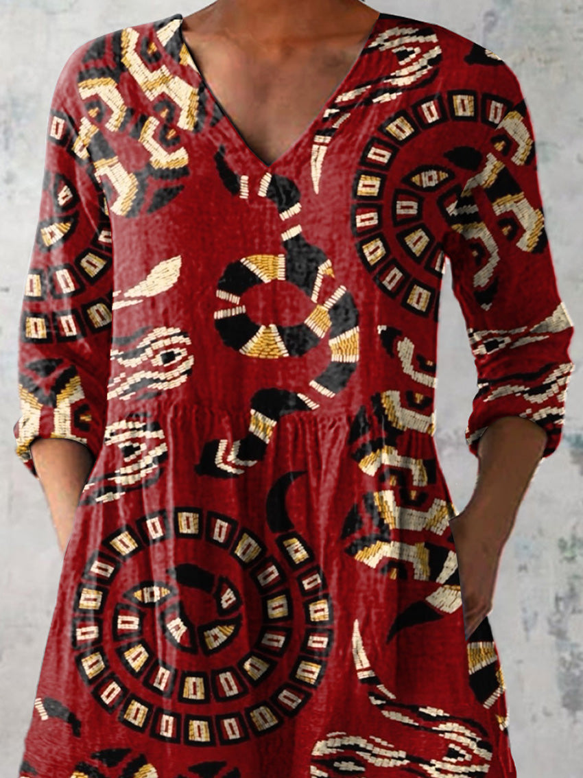 Multicolor Venomous Snake Pattern Printed Women's Casual Linen V-Neck Shirt