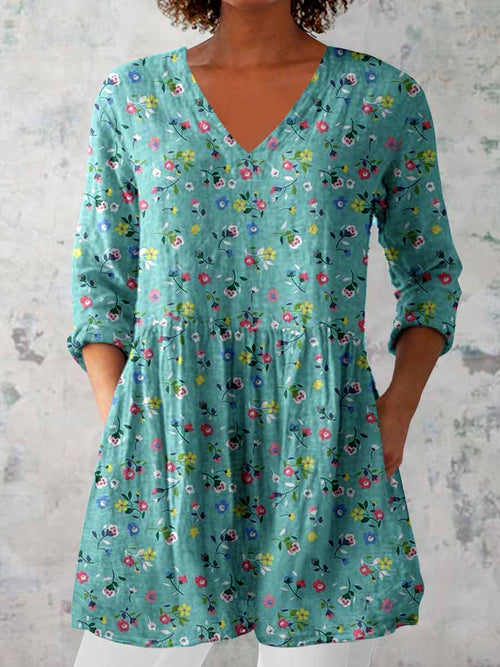 Women's Elegant Floral Print V-Neck Cotton and Linen Top