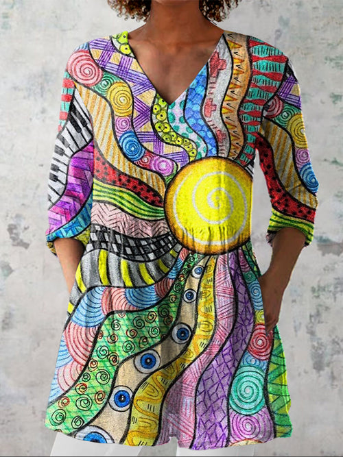 Colorful Sun Art Printed Women's Casual Linen V-Neck Shirt