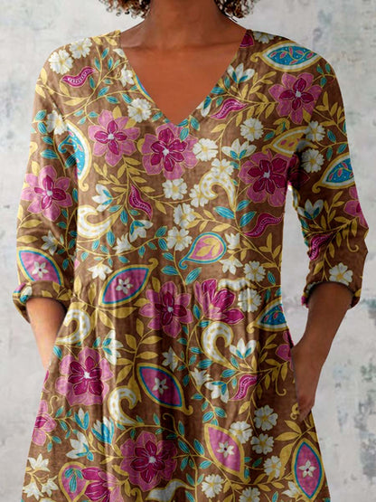 Women's Elegant Floral Round Neck Cotton and Linen Top