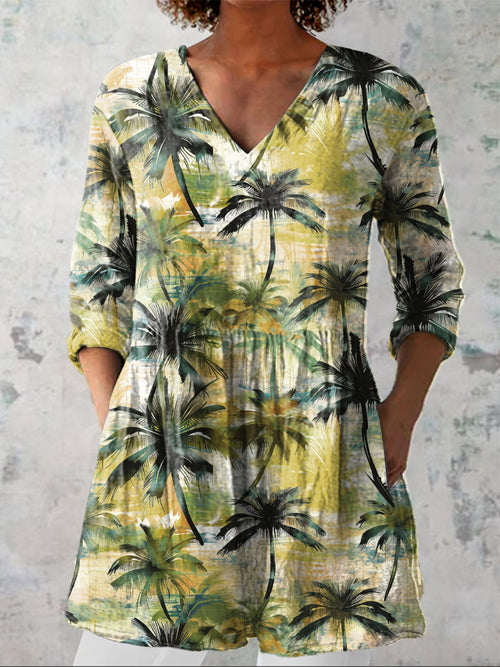 Summer Palm Tree Pattern Printed Women's Casual Linen V-Neck Shirt