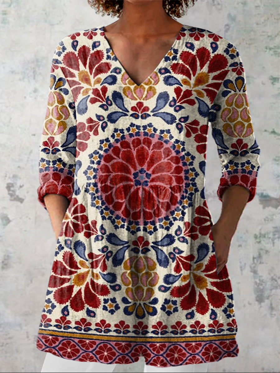 Vintage Ethnic Pattern Printed Women's Casual Linen V-Neck Shirt