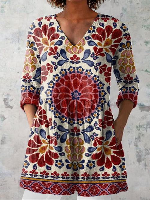 Vintage Ethnic Pattern Printed Women's Casual Linen V-Neck Shirt