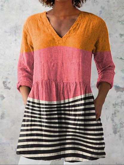 Simple Geometric Art Printed Women's Casual Linen V-Neck Shirt