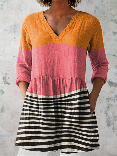 Simple Geometric Art Printed Women's Casual Linen V-Neck Shirt