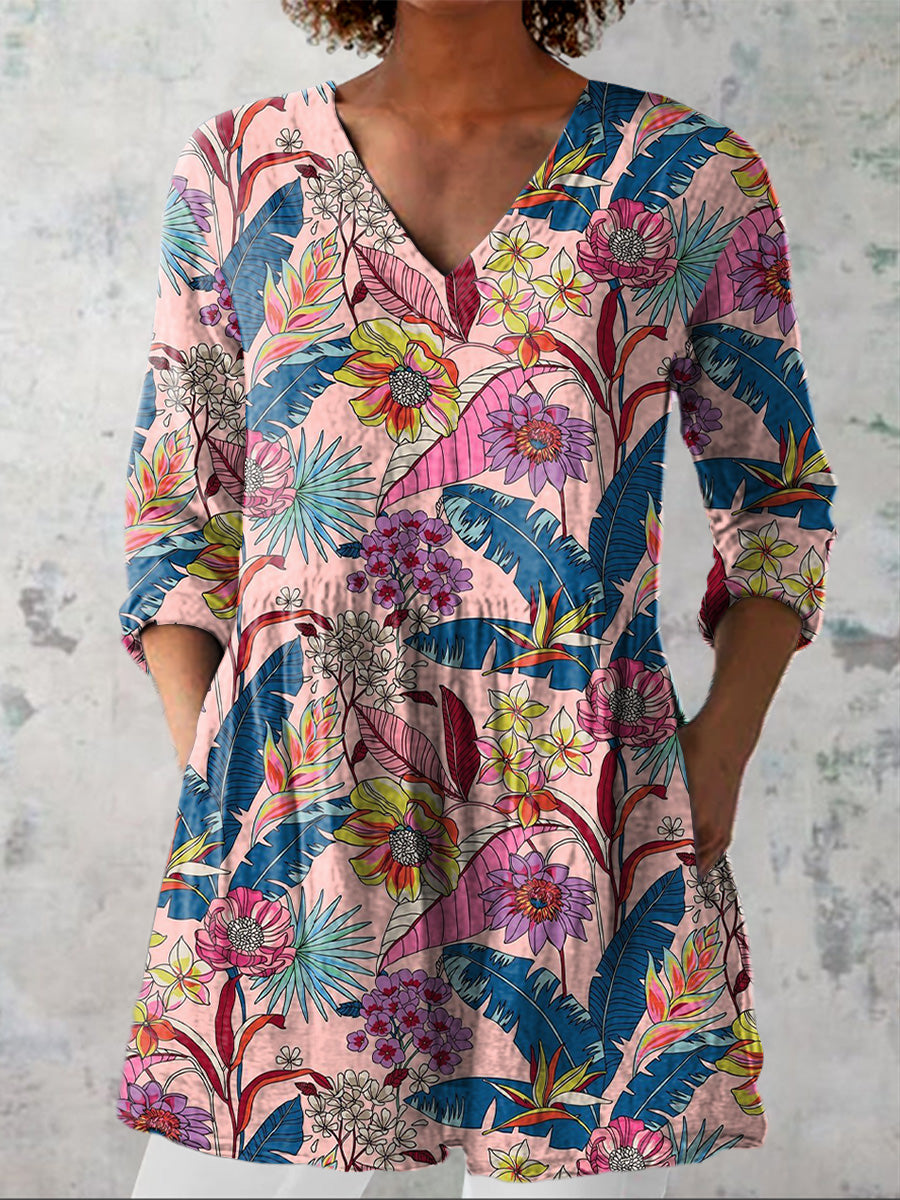 Vintage Spring Floral Pattern Printed Women's Casual Linen V-Neck Shirt