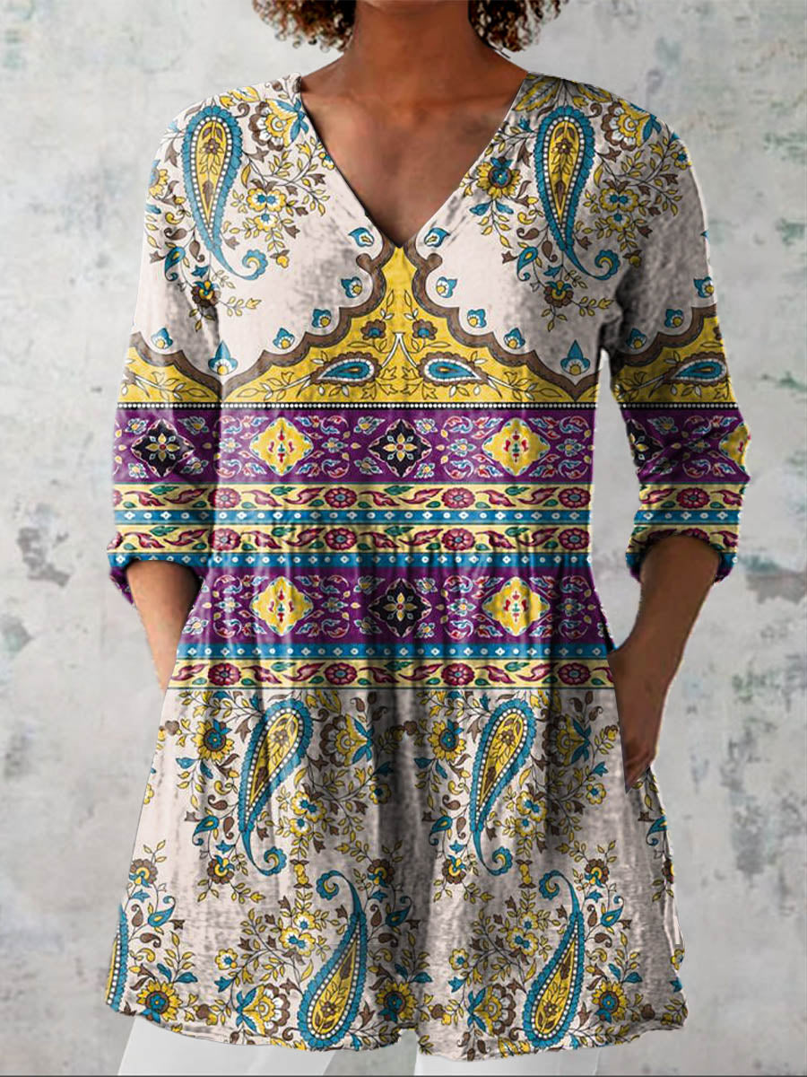 Women's Vintage Lovely Floral Art Print Casual Linen V-neck Shirt