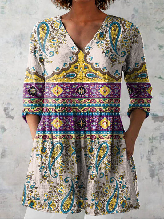 Women's Vintage Lovely Floral Art Print Casual Linen V-neck Shirt