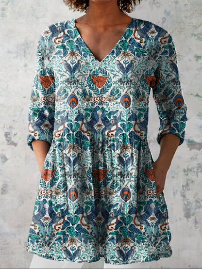 Women's Vintage Lovely Floral Animals Art Print Casual Linen V-neck Shirt