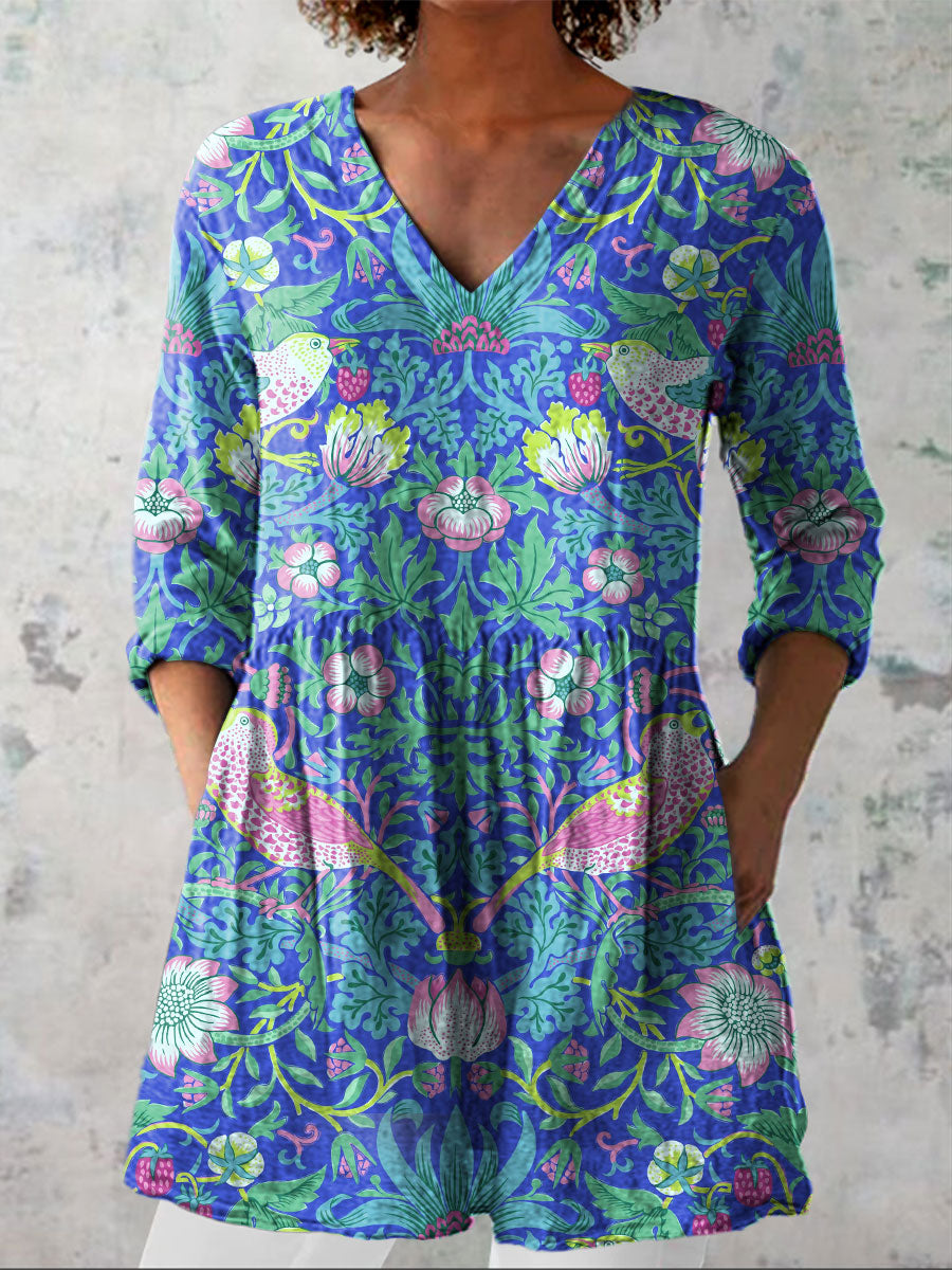 Women's Vintage Bird and Floral Art Print Casual Linen V-neck Shirt