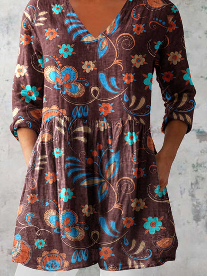 Women's Elegant Floral Print Cotton and Linen Top