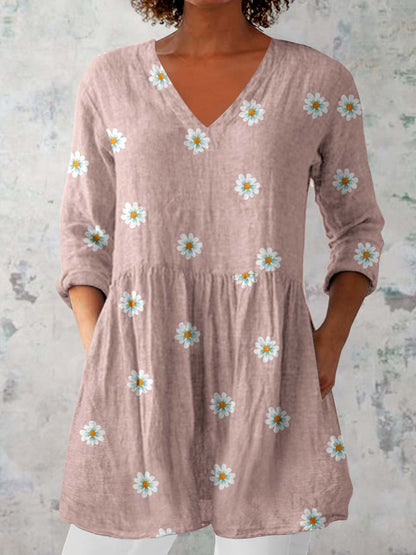 Women's Elegant Floral Print Pattern Cotton and Linen Top
