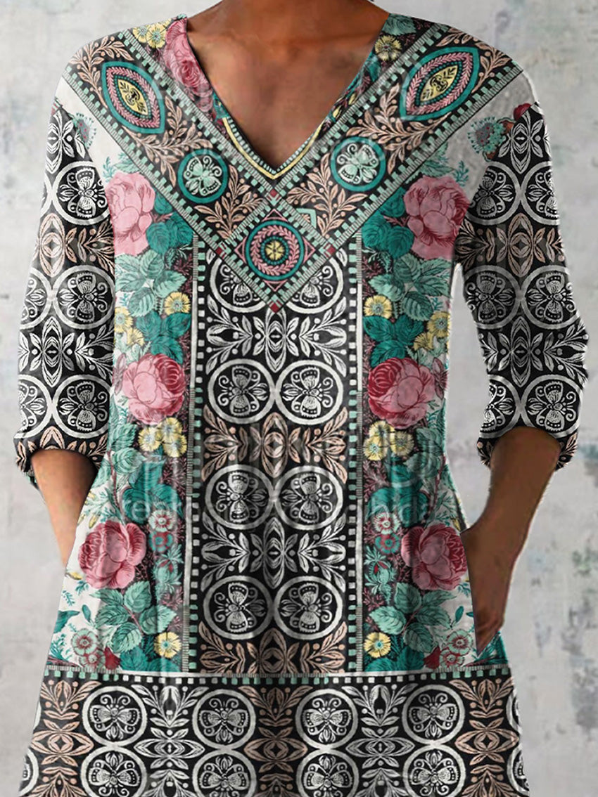 Ethnic Style Floral Pattern Printed Women's Casual Linen V-Neck Shirt