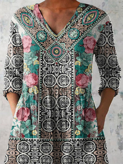 Ethnic Style Floral Pattern Printed Women's Casual Linen V-Neck Shirt