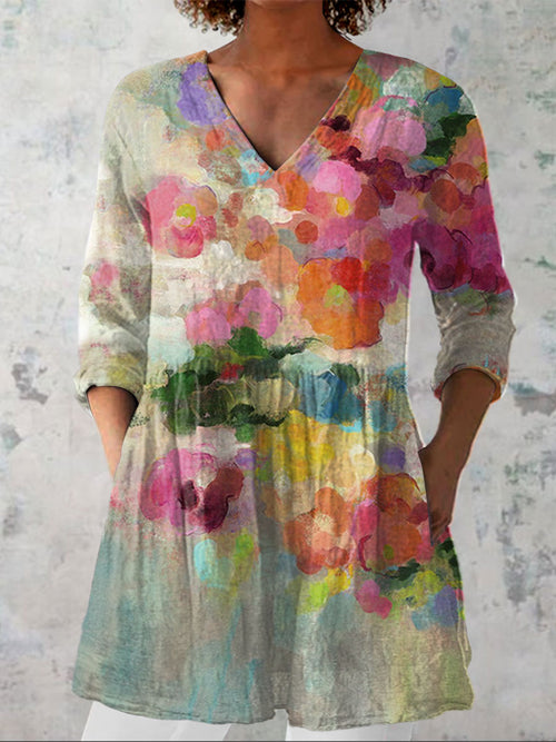 Women's  Vintage Flowers Art Print Casual Linen V-neck Shirt