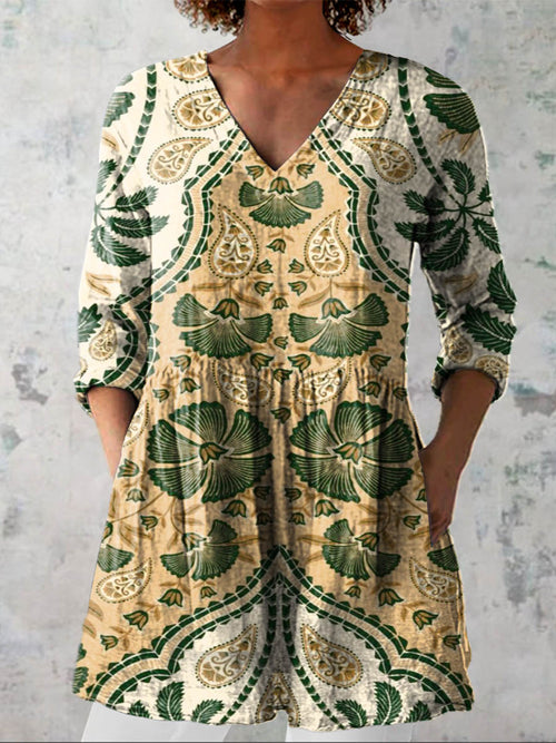 Women's Vintage Lovely Floral Art Print Casual Linen V-neck Shirt