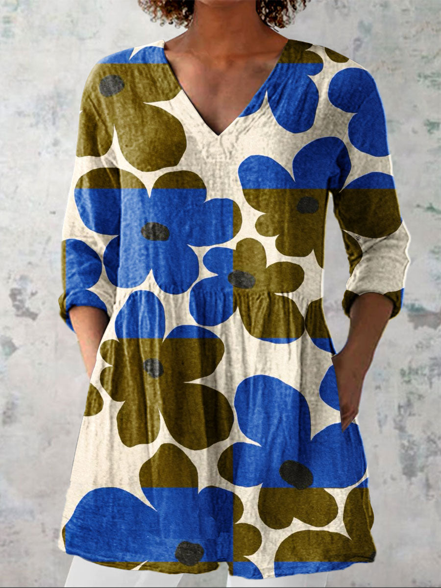 Women's Vintage Floral Art Print Casual Linen V-neck Shirt