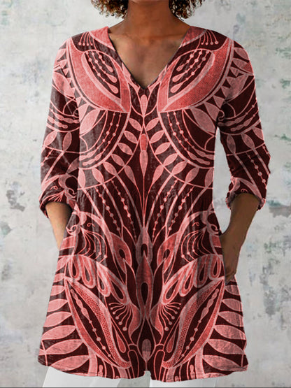 Ethnic Style Tropical Pattern Printed Women's Casual Linen V-Neck Shirt