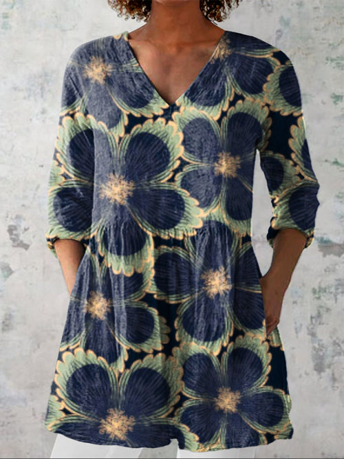 Vintage Floral Repeat Pattern Printed Women's Casual Linen V-Neck Shirt